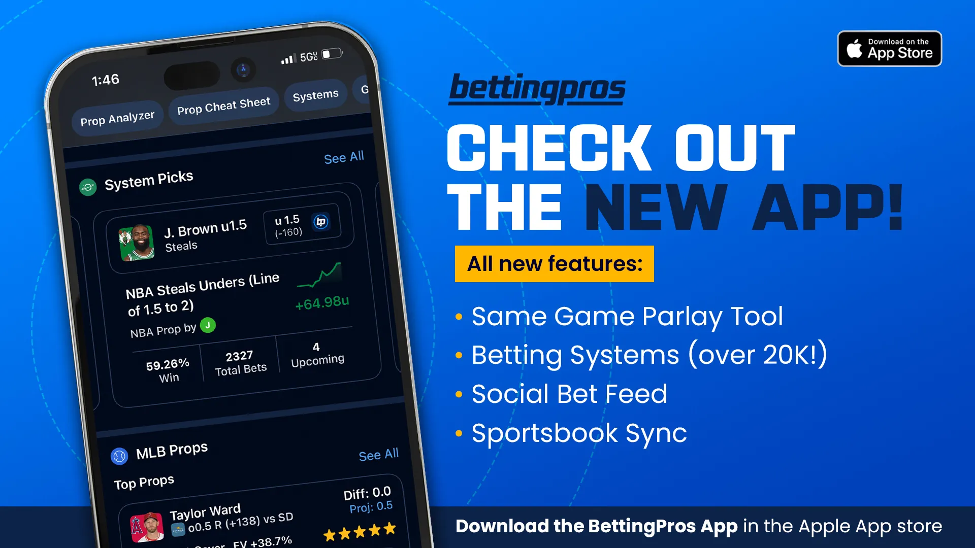 Check out the new BettingPros sports betting app, featuring betting systems, a same game parlay tool, social bet feeds, and sportsbook sync!